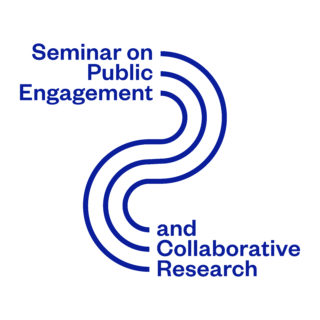 The Seminar on Public Engagement and Collaborative Research shows the words of the Seminar's title connected by three flowing lines
