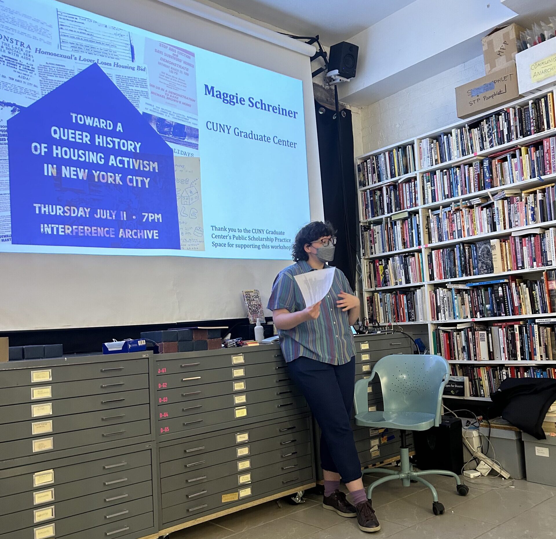 Maggie Schreiner presents at Interference Archive in July 2024.